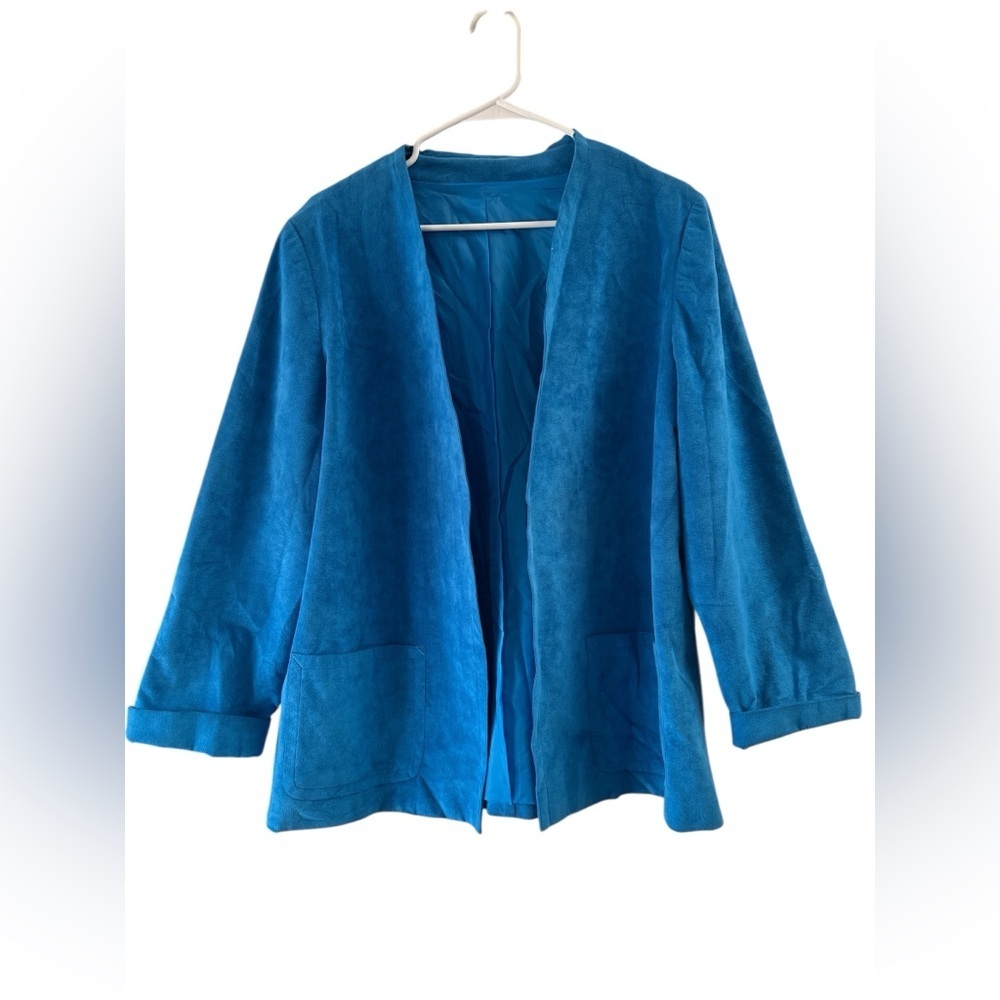 Vintage blue leather suede blazer collarless jacket